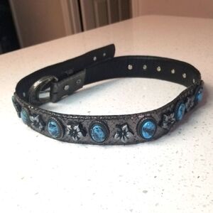 MZ Genuine Snakeskin Leather Belt Turqiose Stones and Metal Flowers S